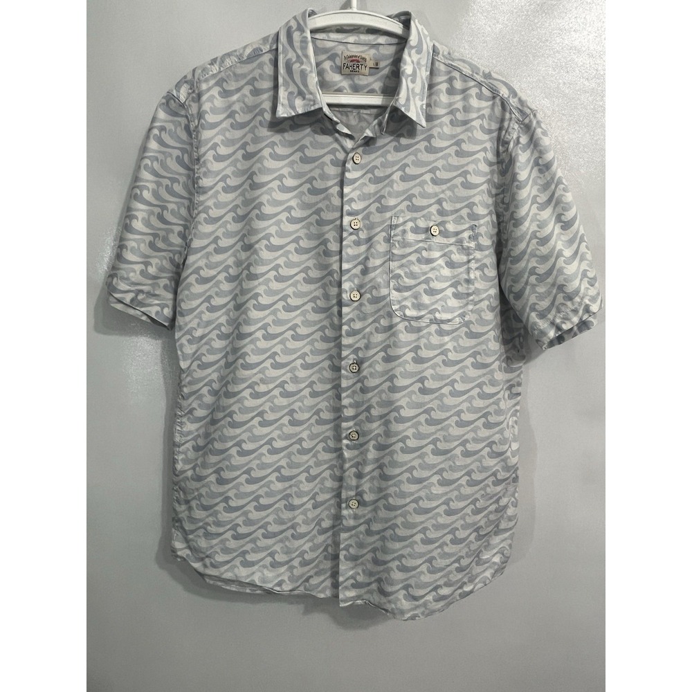 Faherty Mens L Button Down Shirt Cotton Blue White Ocean Wave Coast Surf Casual